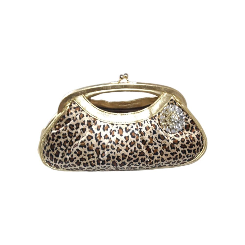 Beverly Feldman Handbag Large Clutch Purse  Leopard Print Fabric Stones Accent
